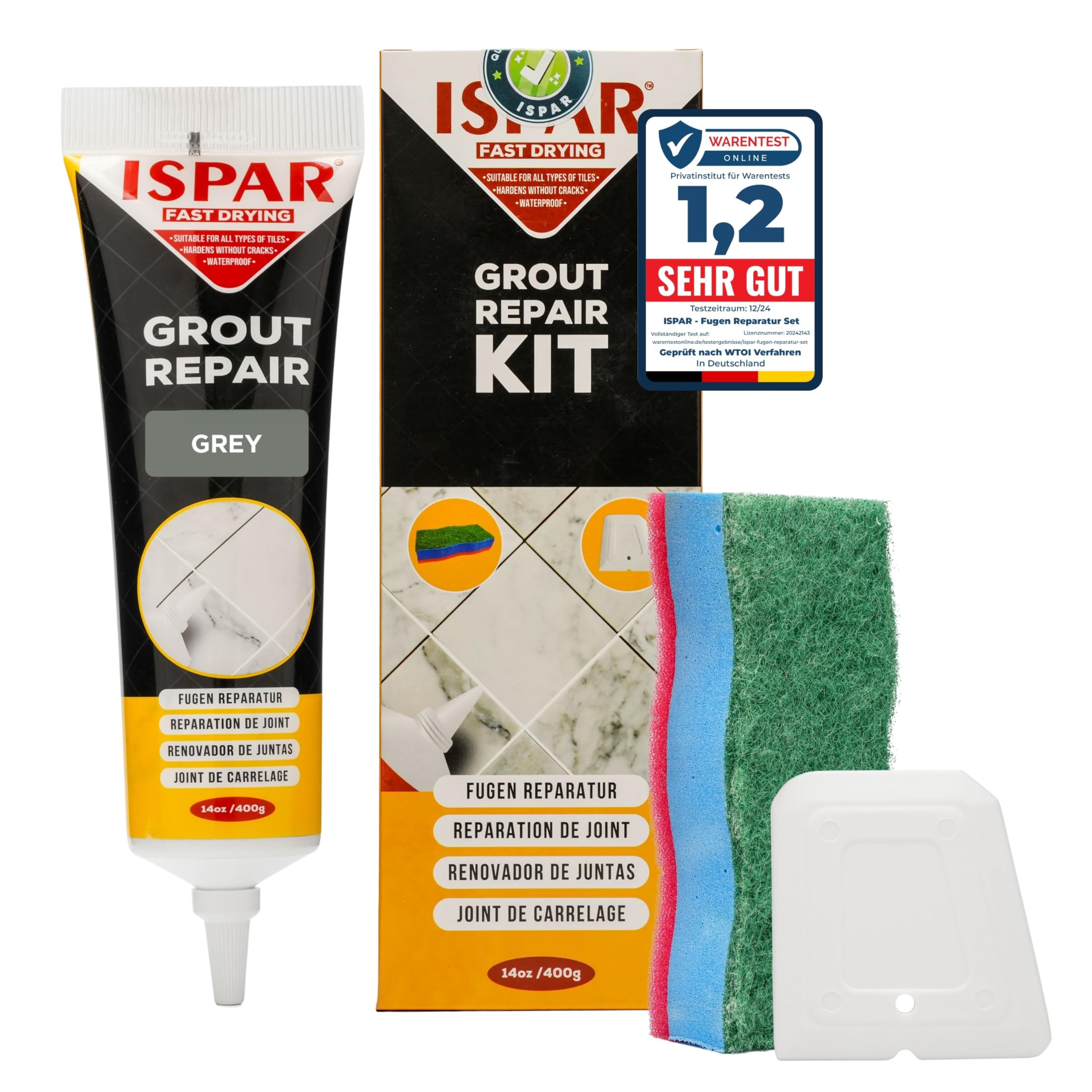 Ispar Tile Grout, 400 g Grey Grout Reviver, Fast Drying Premixed Grout Repair Kit with Spatula & Sponge, Ideal for Bathroom, Kitchen & Floor Tiles Renewal