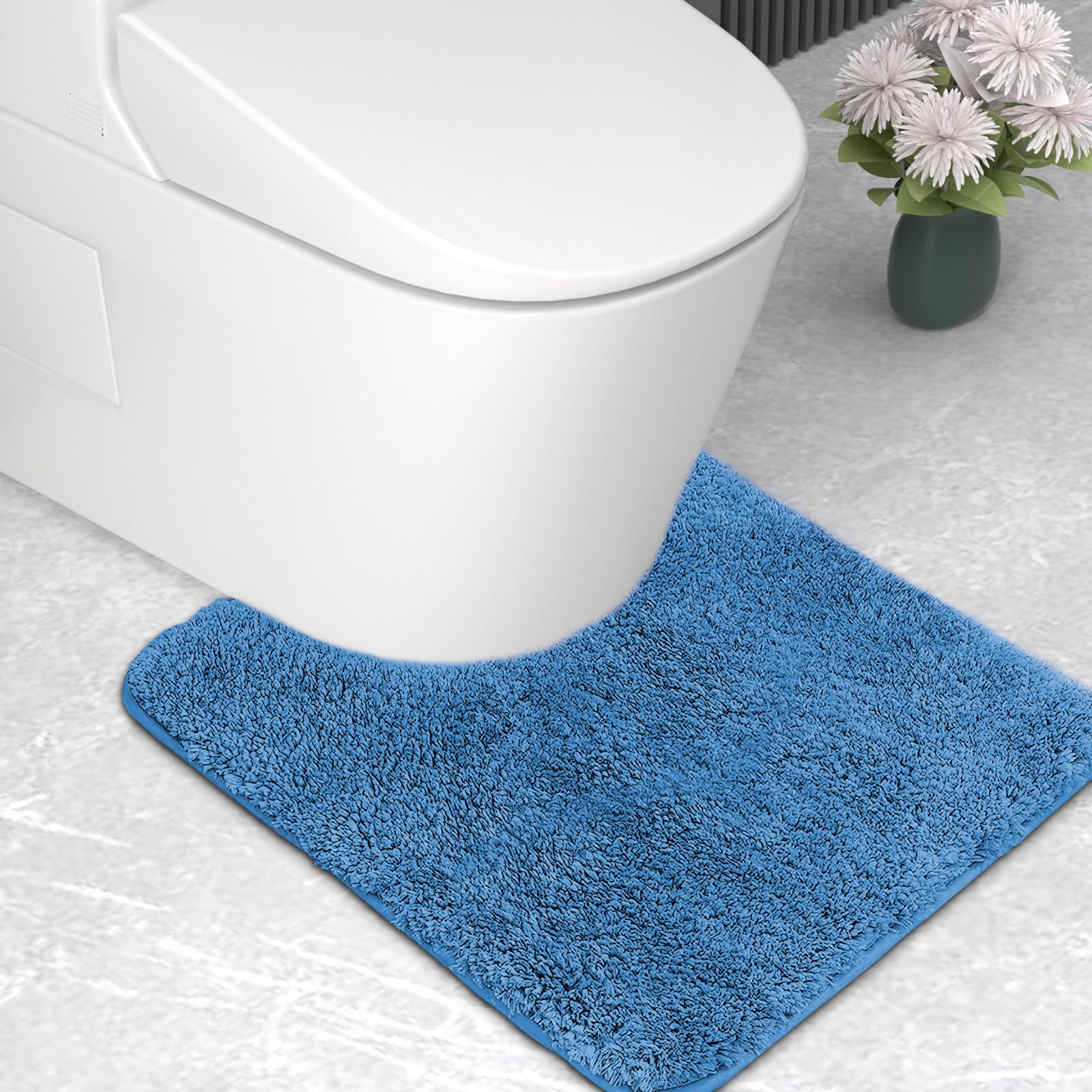 wyewye Microfibre Bath Mat, Toilet Mat, 2cm Super Thick Bath Rug, Super Absorbent Bathroom Rug 50x50cm U-shape, Blue