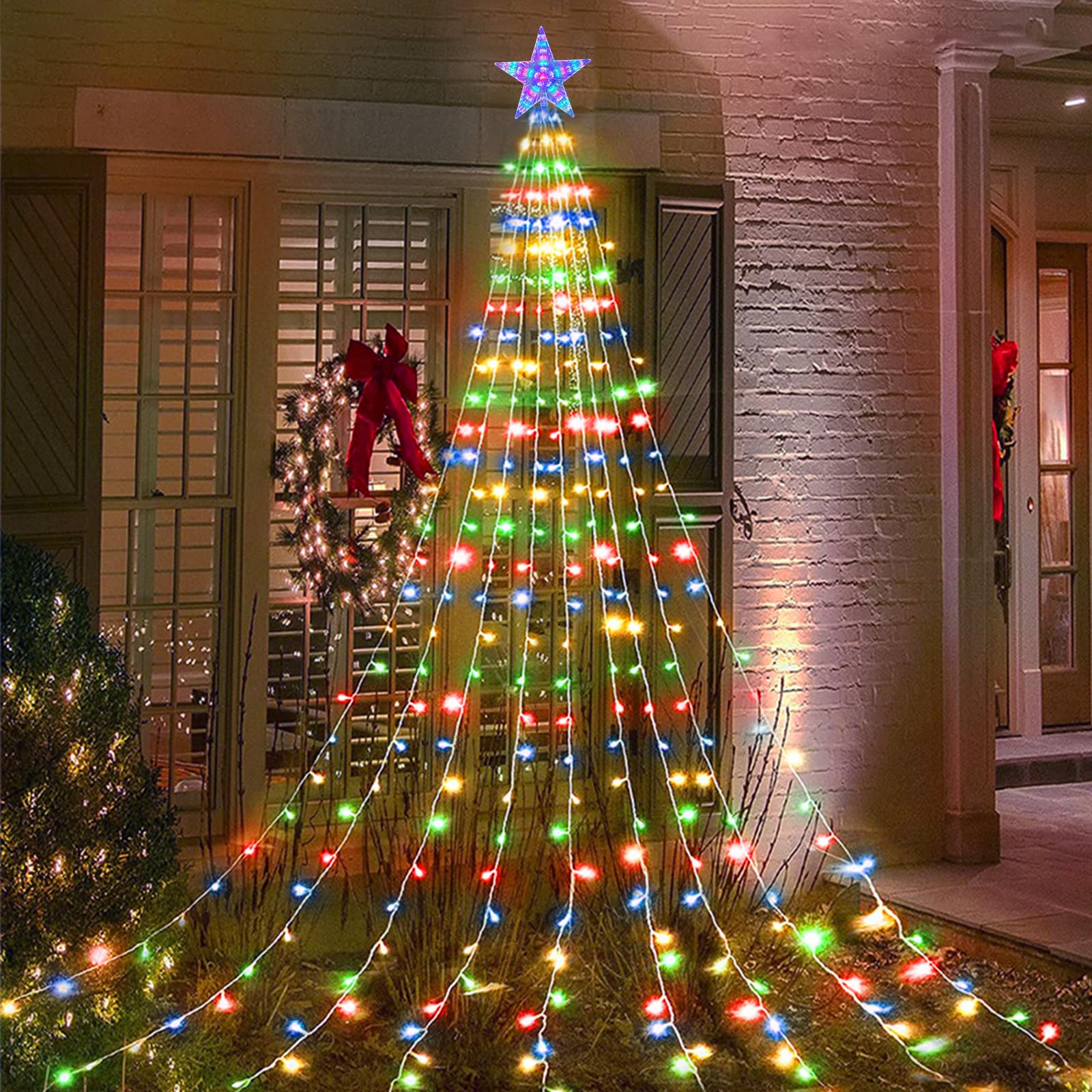Acxilexy Waterfall Tree Lights, 2m/ 6.56ft x 9 Lines USB Christmas Tree Lights with Topper Star, 198 LEDs Waterproof Fairy Lights with 8 Lighting Modes for Indoor Outdoor Xmas Tree Garden Decor