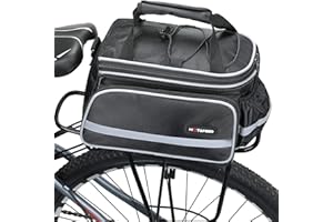 CamGo Bike Trunk Bag Strap-on Bicycle Rear Rack Bags Extendable Cycling Carrier Storage Luggage with Lengthened Shoulder Strap & Rain Cover Black