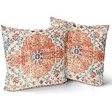 Orange Blue Ethnic Boho Pillow Covers 18X18 In Bohemian Carpet Vintage Rust Coral Floral Decorative Cotton Pillow Cases with 