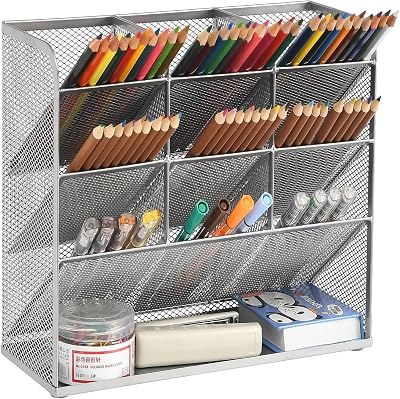 Marbrasse Mesh Desk Organiser 9 Compartments Pen Holder Silver