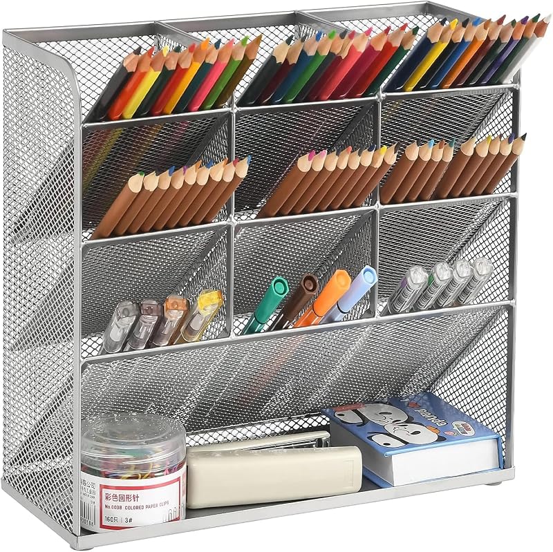 Marbrasse Mesh Desk Organiser 9 Compartments Pen Holder Silver