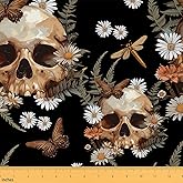 Skull Daisy Fabric by The Yard 70s Retro Hippie Flowers Decor Fabric for Sewing Lovers Wild Butterfly Dragonfly Jungle Plants Fabric for DIY Soft Polyester No Stretch 1 Yard,36