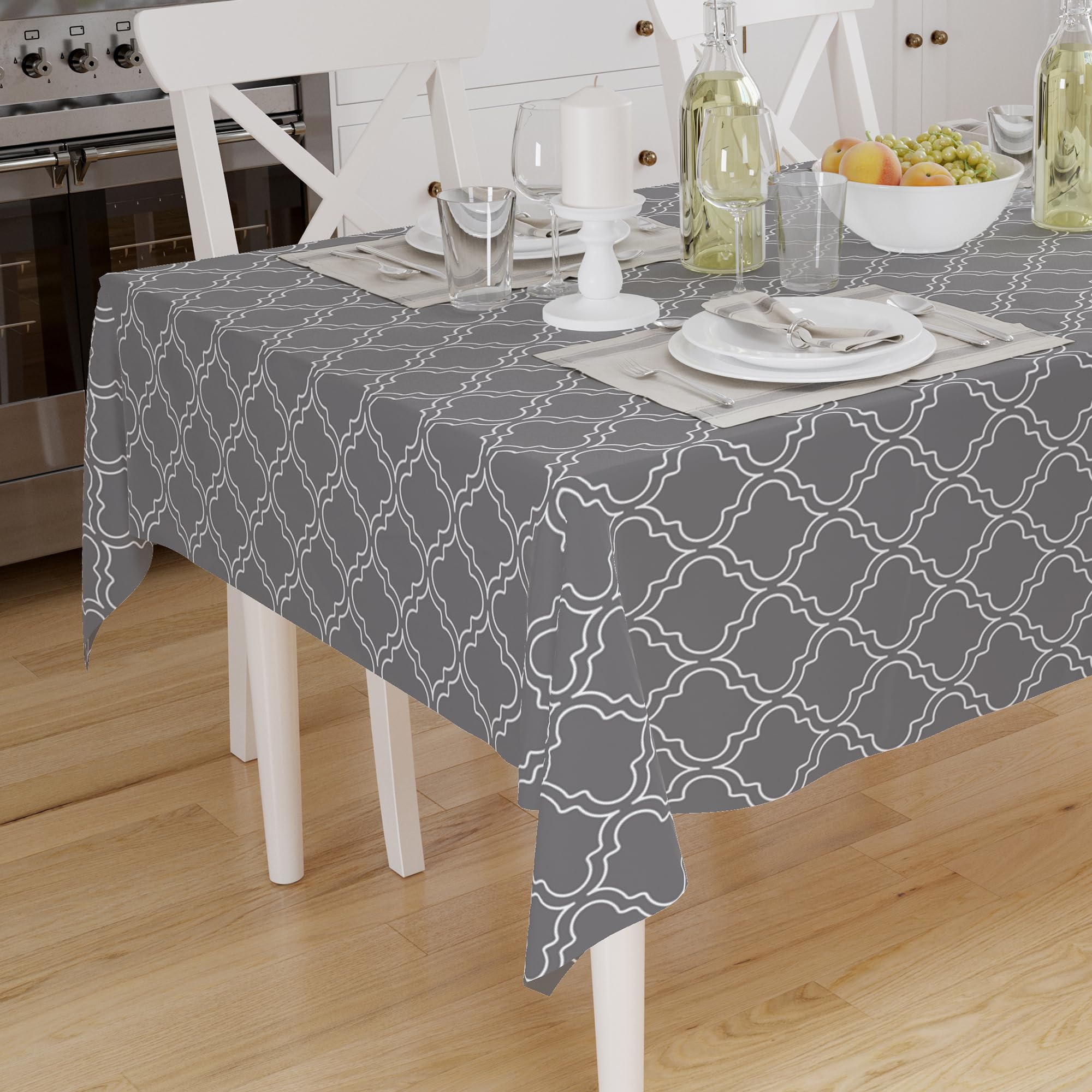 Encasa XO Printed Tablecloth 140x180 cm for 4 to 6 Seater Dining Table of length upto Rectangular, 100% Cotton, Machine Washable, Durable, Rectangular, for Home, Restaurant, Banquet - Grey Tiles