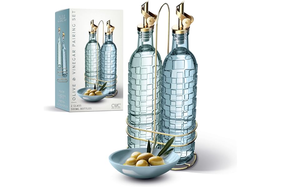 COOK WITH COLOR Glass Olive Oil Bottle Dispenser - 2 Pack- 17oz Oil and Vinegar Cruet - Olive Oil Carafe Decanter for Kitchen, Checkered, Blue