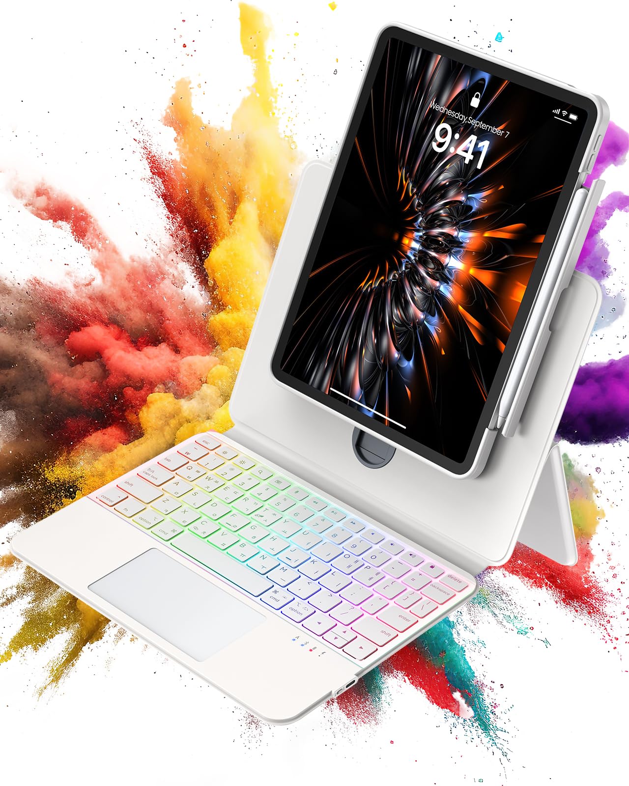 Photo 1 of BLOSOMEET Clear Magnetic Keyboard Case for iPad Pro 13 Inch (M5/M4, 2025/2024), 7-Color Backlight & Native Gesture Trackpad & Kickstand, Lift Top Detachable Protective Cover with Pen Holder, White