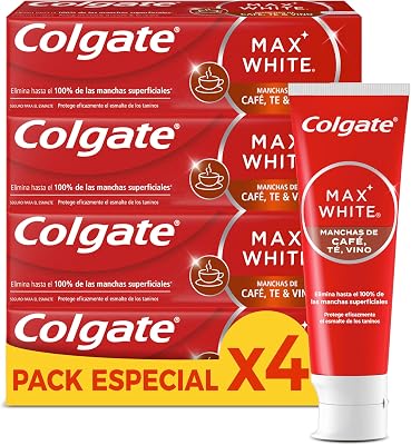 Pasta de dientes blanqueadora Max White For Coffee 4 x 75ml, Tea & Wine, elimina hasta el 100% de las manchas superficiales, protege el esmalte de los taninos, segura para el esmalte