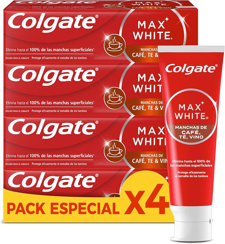 Pasta de dentes branqueadora Max White For Coffee 4 x 75ml, Tea & Wine, remove até 100% das manchas superficiais, protege o esmalte dos taninos, é seguro para o esmalte