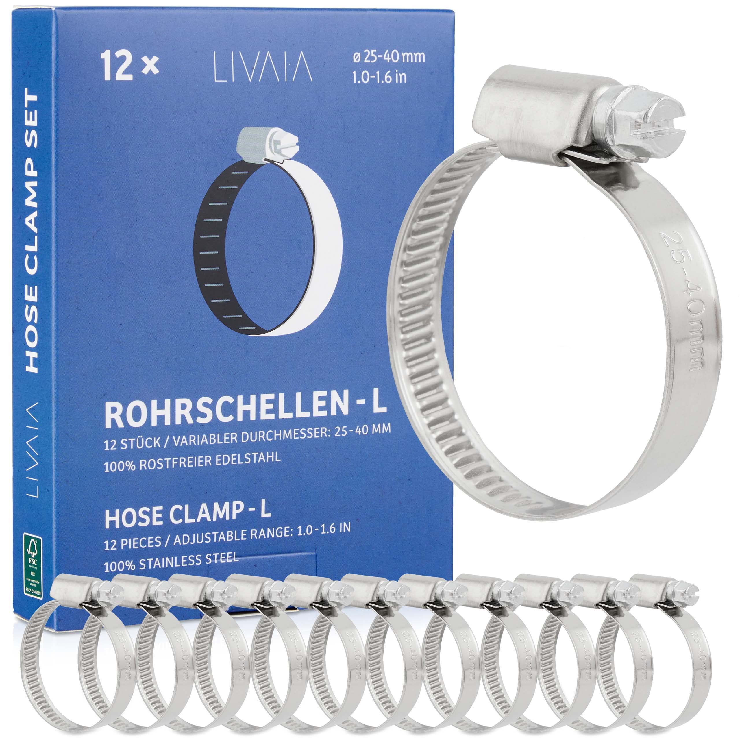 Hose Clamp Set: 12x Stainless Steel Hose Clips – Adjustable 25mm, 1.0in to 40mm, 1.6in – Stainless Steel Pipe Clamp – Pipe Clips – LIVAIA Pipe Clamps