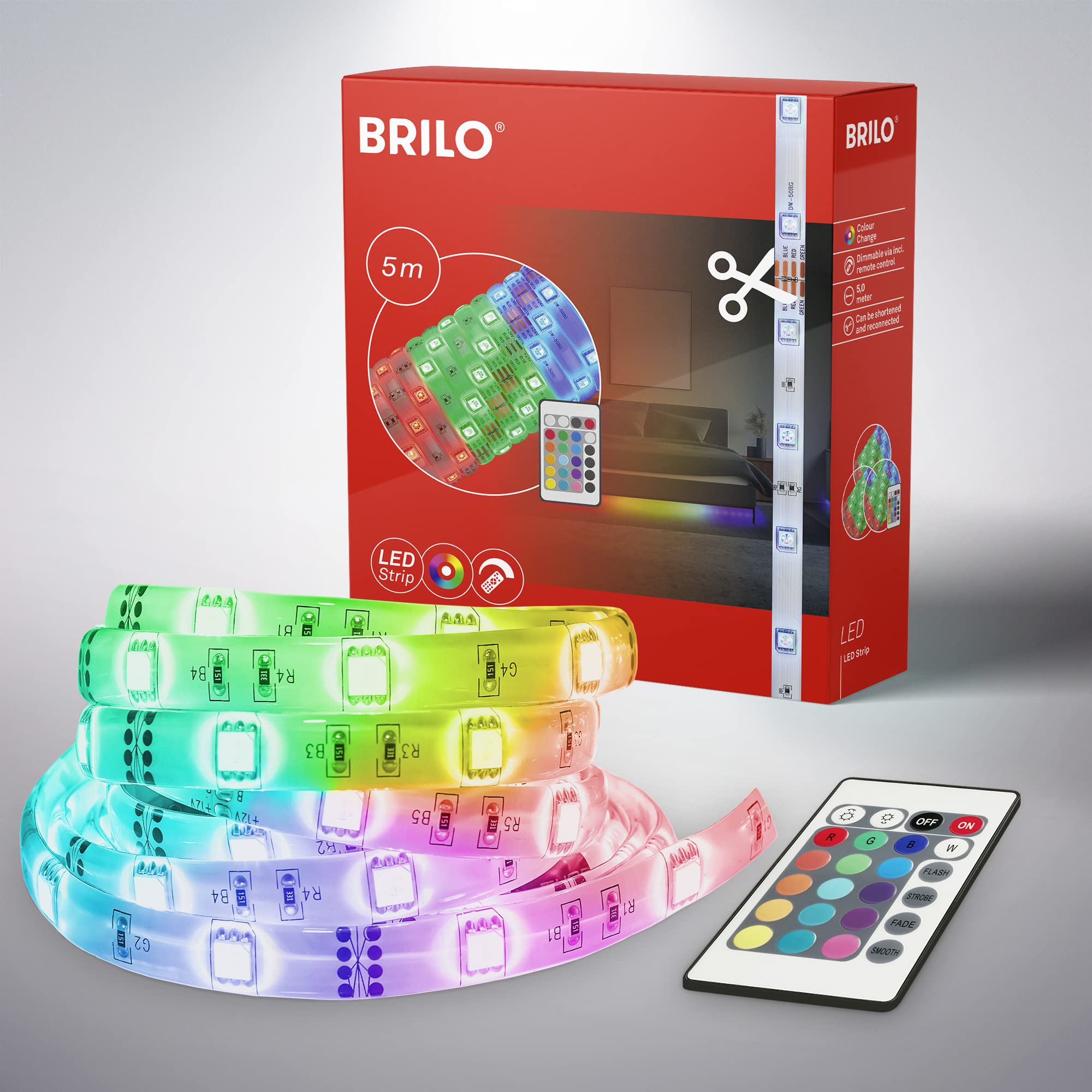 Briloner LED Strip 5m with Remote Control, 150 RGB LEDs, 24W, Warm White, Indoor Use