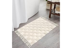 Lanffia Boho Checkered Tufted Rug - 2x3 Small Rug Beige Hallway Runner Washable with Tassels Indoor Farmhouse Floor Carpet for Kitchen Bathroom Laundry Doorway Bedroom Living Room