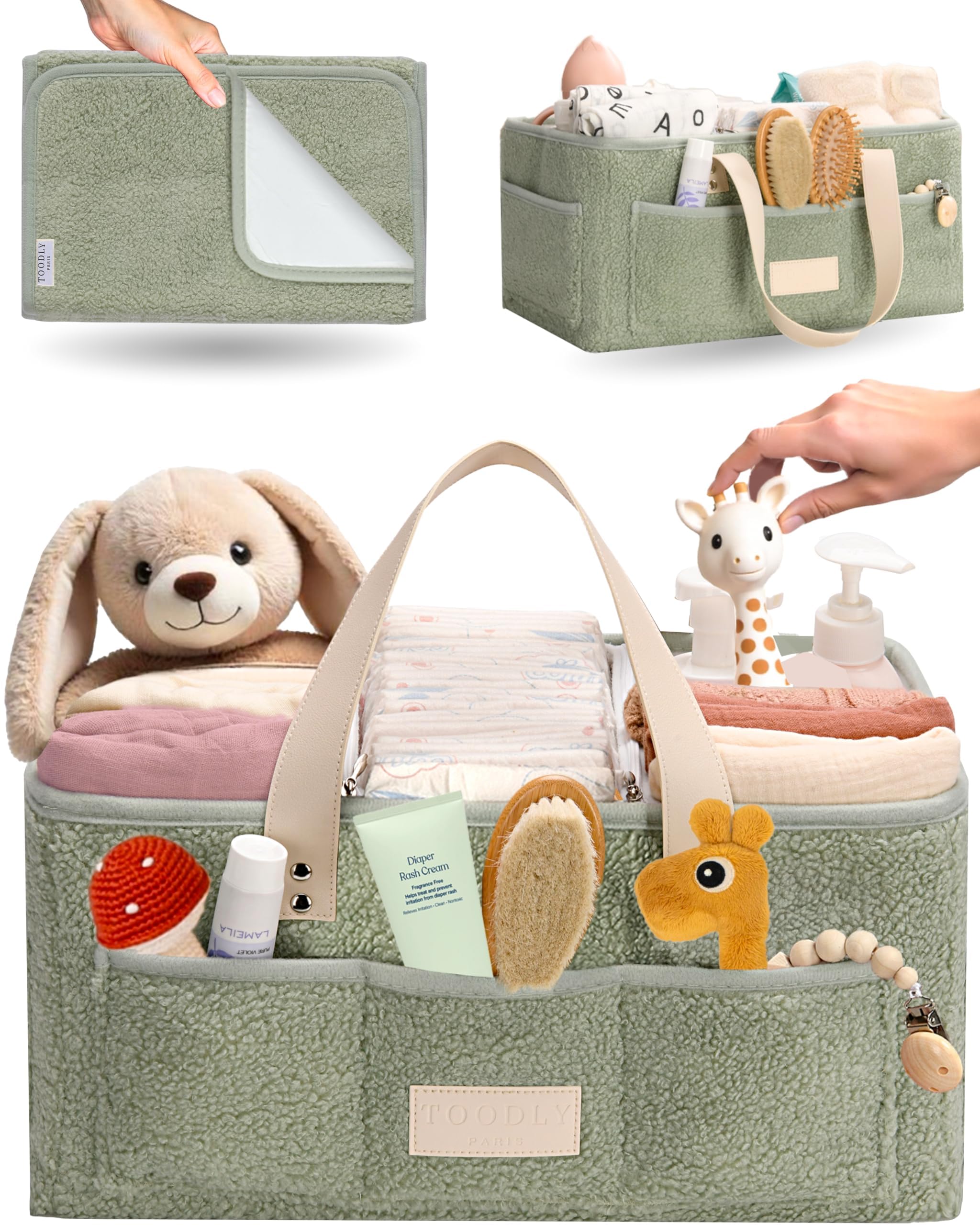 Baby Diaper Caddy Organizer with Portable Changing Mat - Teddy Fleece Diaper Organizer for Changing Table - Basket for Changing Essentials - Baby Essentials Organizer with Removable Dividers