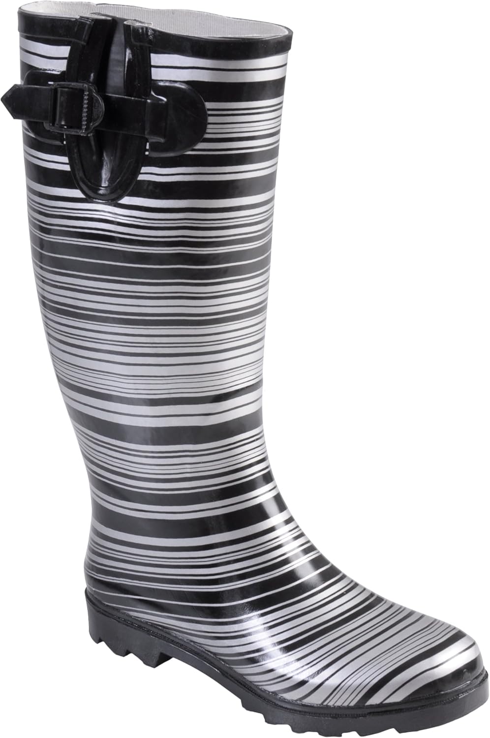 black and white striped rain boots