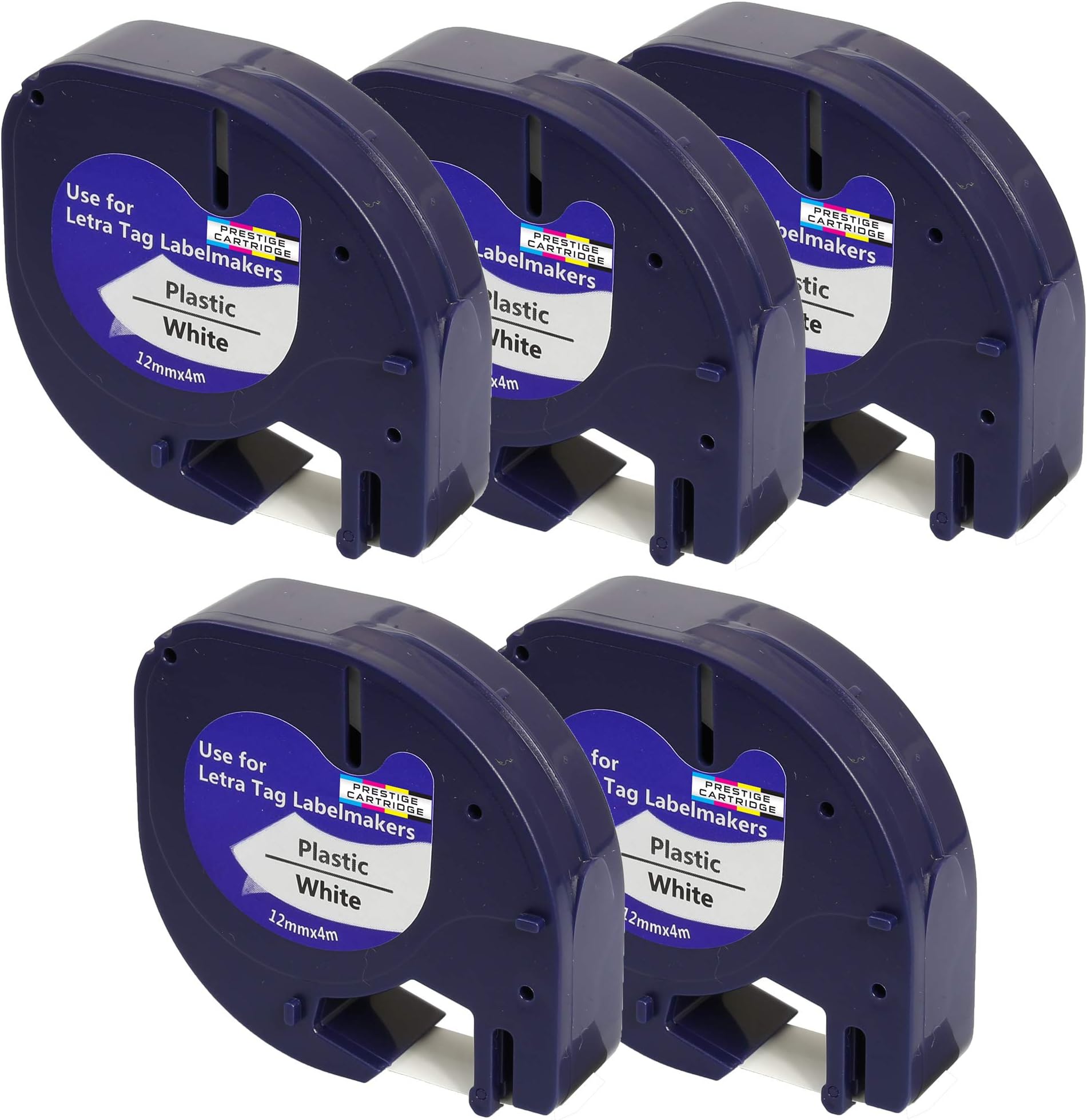 5 x Compatible Plastic Tapes Dymo LetraTag 91201 S0721610 S0721660 Black on White (12mm x 4m) for LetraTag LT110T, LT100H, LT100T, QX50, XR Label Makers