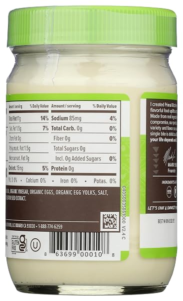 PRIMAL KITCHEN MAYO MADE WITH AVOCADO OIL, WHOLE30 APPROVED, CERTIFIED PALEO, AND KETO CERTIFIED, 12 OUNCES.
