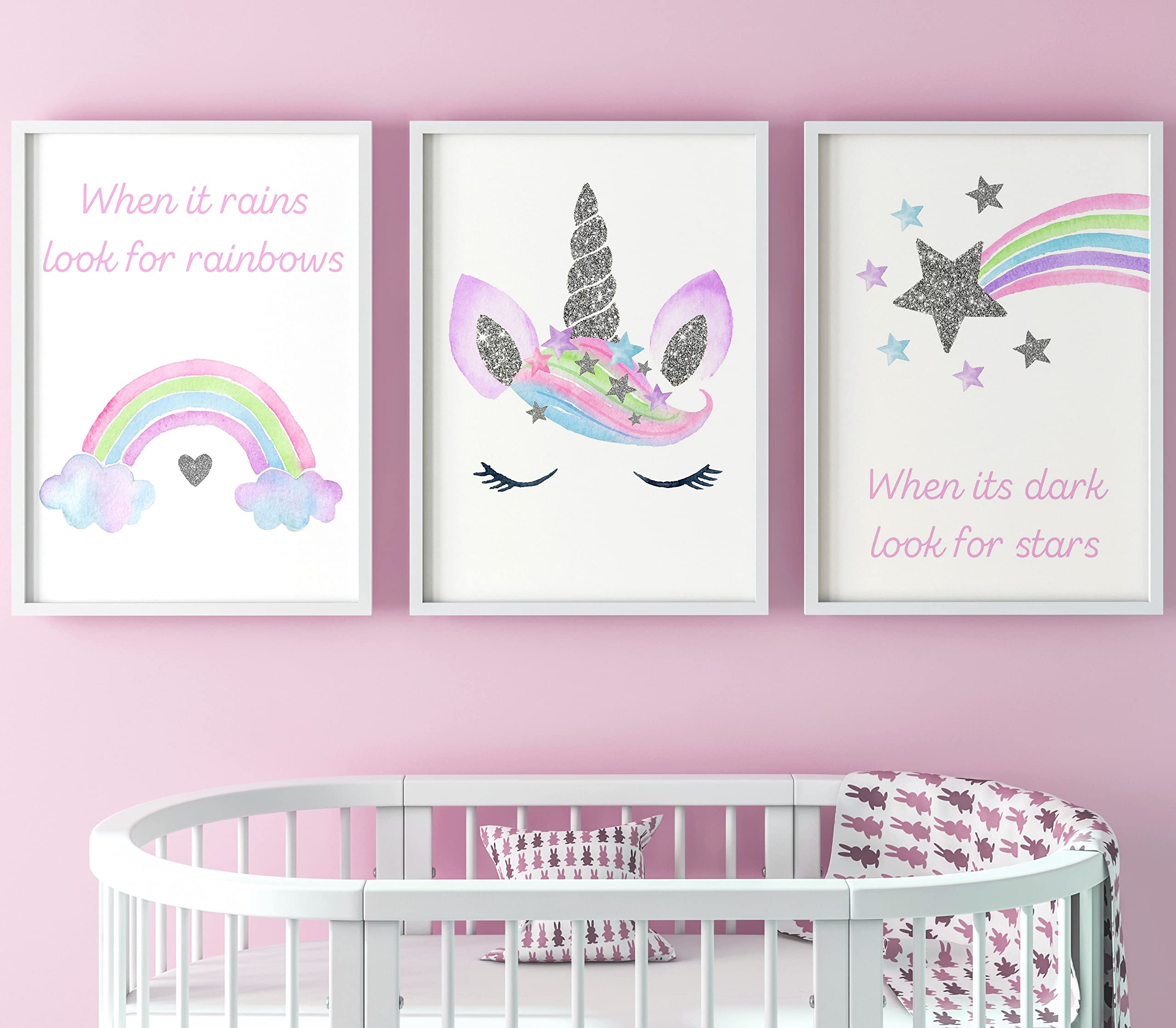 Eviepops Prints Unicorn Rainbow Stars Set Of 3 Unframed Poster Prints, Pink Purple Silver, Bedroom Decor, Girl Nursery Bedroom Decor Posters (A4)