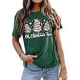 hohololo Christmas Shirts Women Oh Christmas Tree Graphic Tees Xmas Letter Printed Short Sleeve Holiday Tops