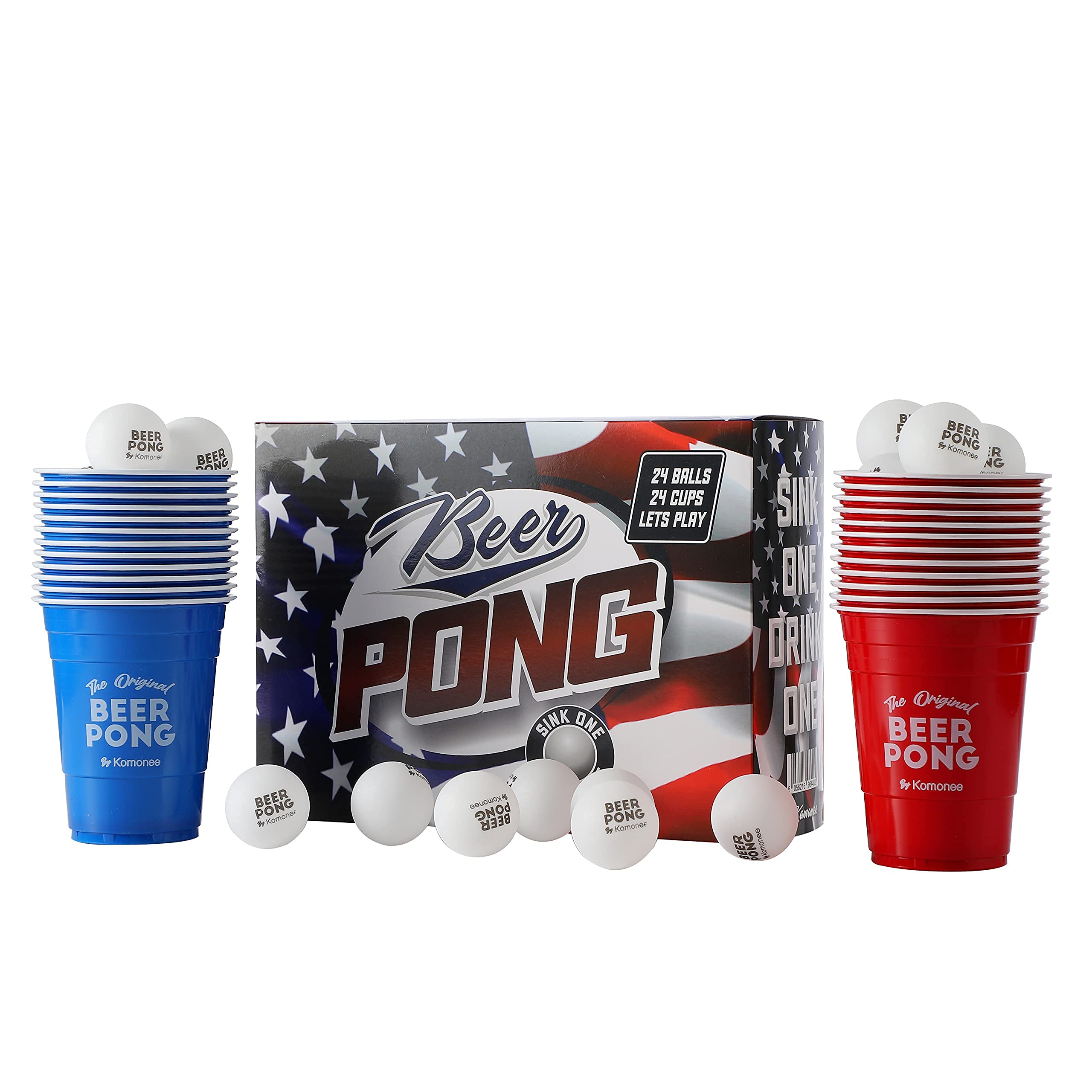Komonee Beer Pong Set 48 PCS USA Colours American Adult Indoor Novelty Party Drinking Game Olympics 24 Re-usable Cups and 24 High Bounce Balls Great For United States National Days