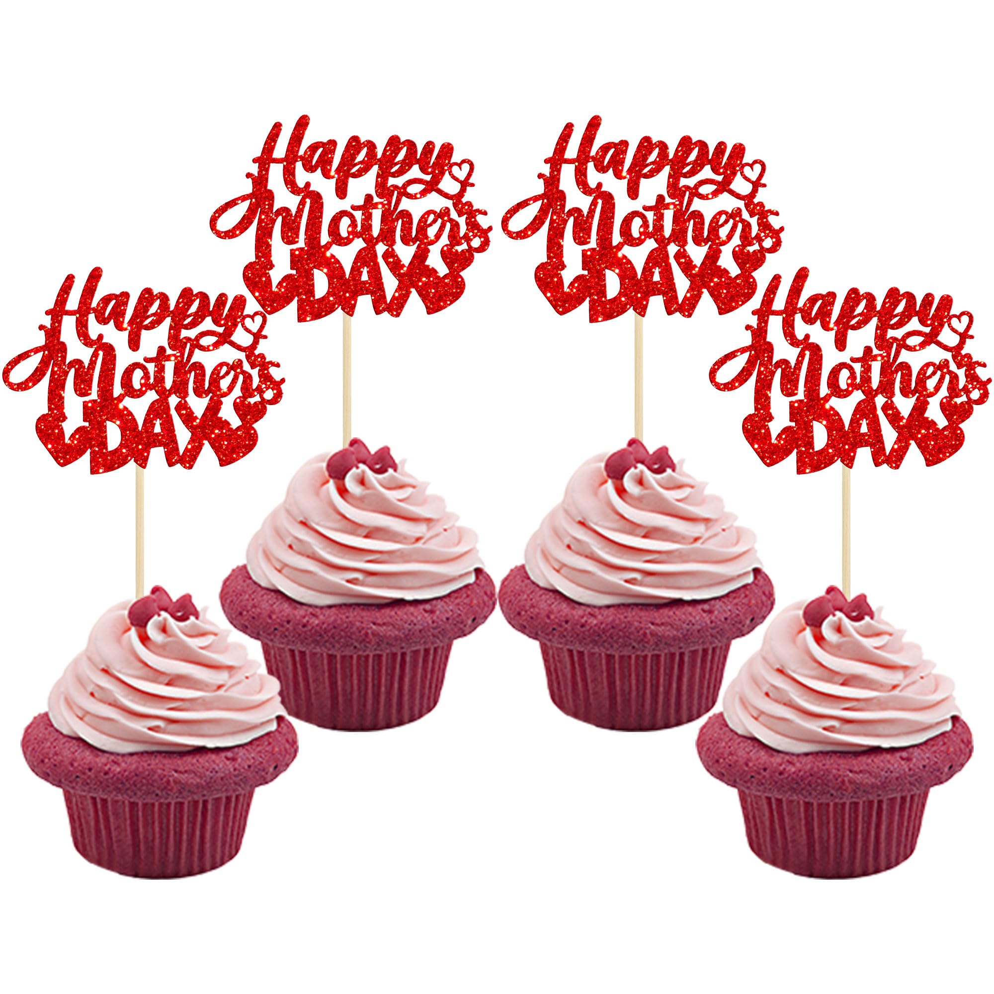 Gyufise 24 Pack Red Glitter Happy Mothers Day Cupcake Toppers Best Mom Ever Cupcake Picks Cake Decoration Party Supplies for Mother's Day Party Cupake Decorations
