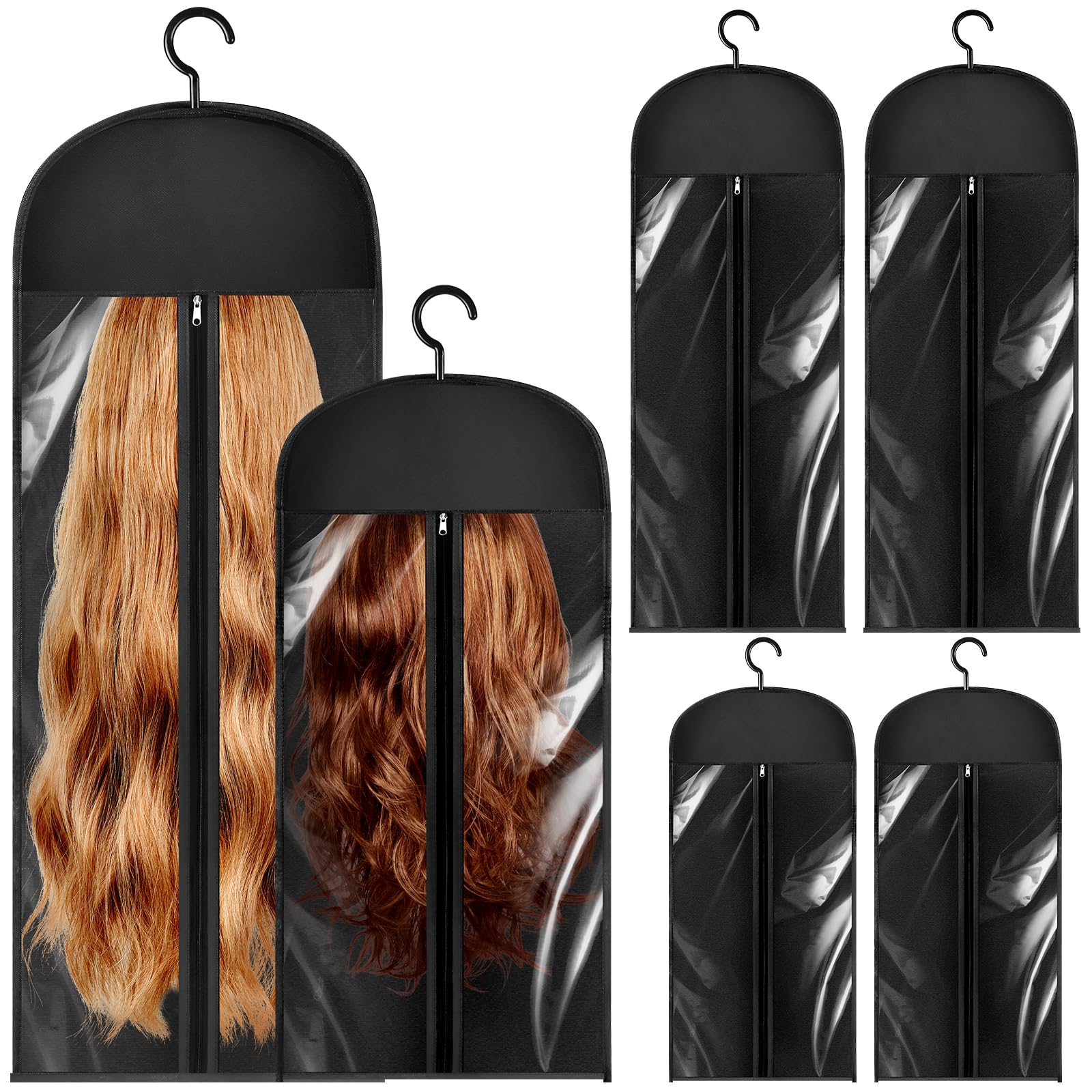 ULELE Hair Storage Bag - 6-Piece Wig Hanger Set with Hook - Dustproof Portable Holder for Multiple Hairpieces (Black, 2 Sizes)23.6 & 31.5 Inch