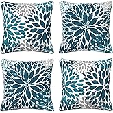 Verdiqor Blue Teal Pillow Covers 18x18 Inch Set of 4 Dahlia Floral Geometric Turquoise Throw Pillows Cushion Cases for Sofa Couch Bed Living Room Decor Teal Decorative Pillowcases