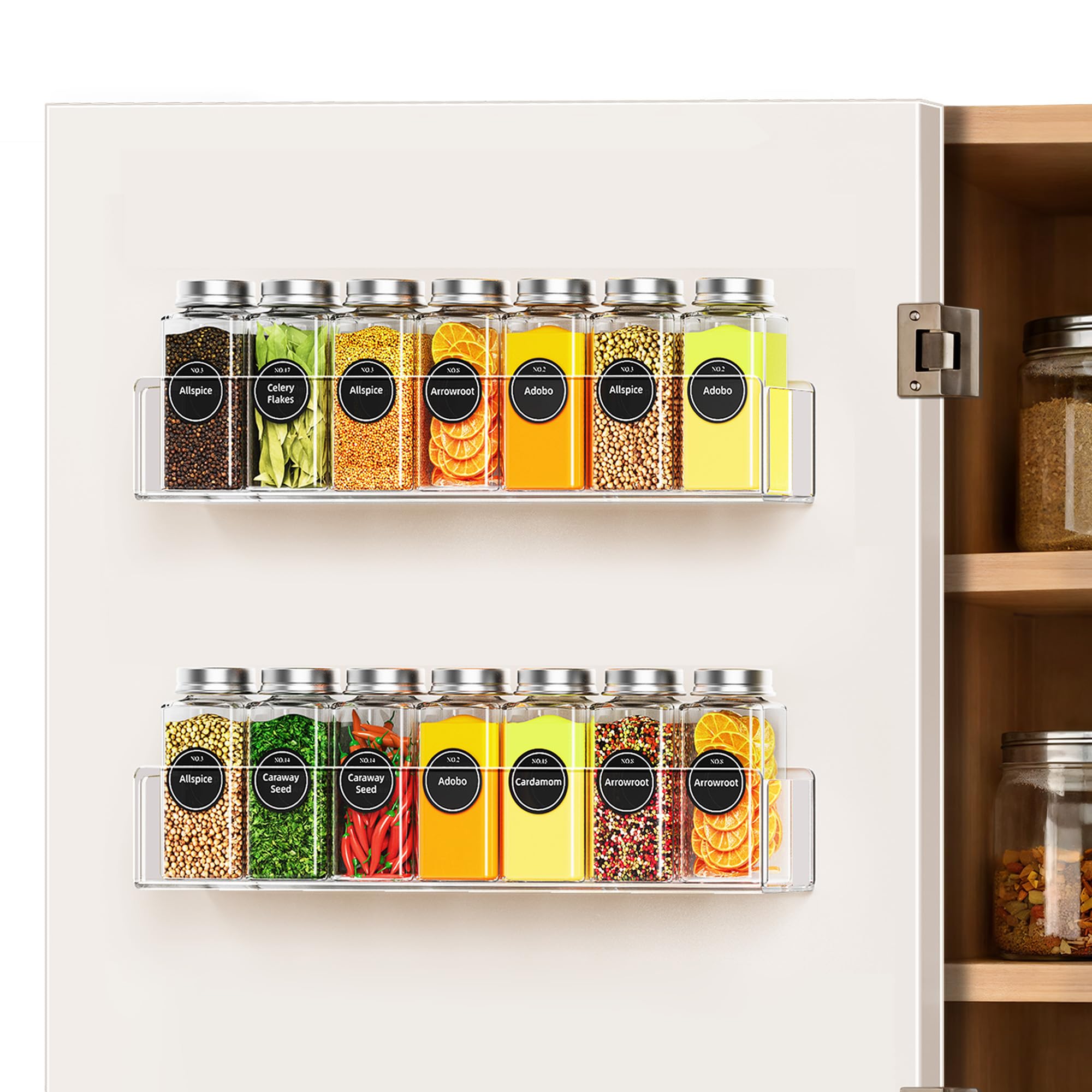 Photo 1 of *MINOR DAMAGE - USED*
Lumanman Wall Mounted Acrylic Spice Rack 2 Pack, 12 Inch Clear Pantry Door Organizer, Floating Spice Organizer, Adhesive or Screw Mounted Cabinet Seasoning Shelf