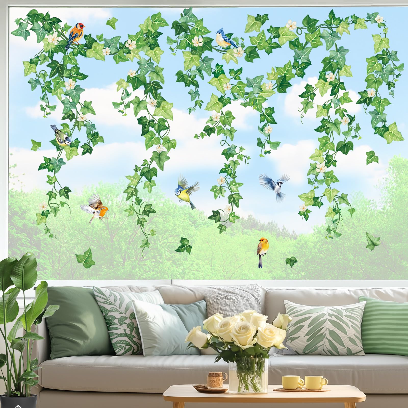 decalmile Hanging Green Vine Double Sided Window Clings Spring Ivy Leaves Flower Birds Window Decals Anti-Collision Glass Window Doors Window Stickers