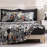 LONAVA Floral California King Size Bed Sheet Set, 6 Piece, Deep Pocket Black Fitted Sheet, Comfy & Breathable Boho Patterned Flat Sheets, Premium Microfiber, Midnight Blossoms Printed