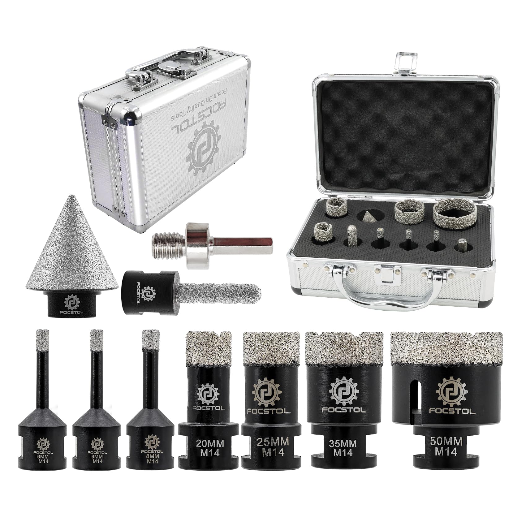 Diamond Core Drill Bits Set - FOCSTOL 10pcs (6/6/8/20/25/35/50mm+10mm Finger Bit+35mm Beveling Chamfer Bit+Hex) Diamond Hole Saw Kit for Porcelain Ceramic Tile Marble Granite — image 1
