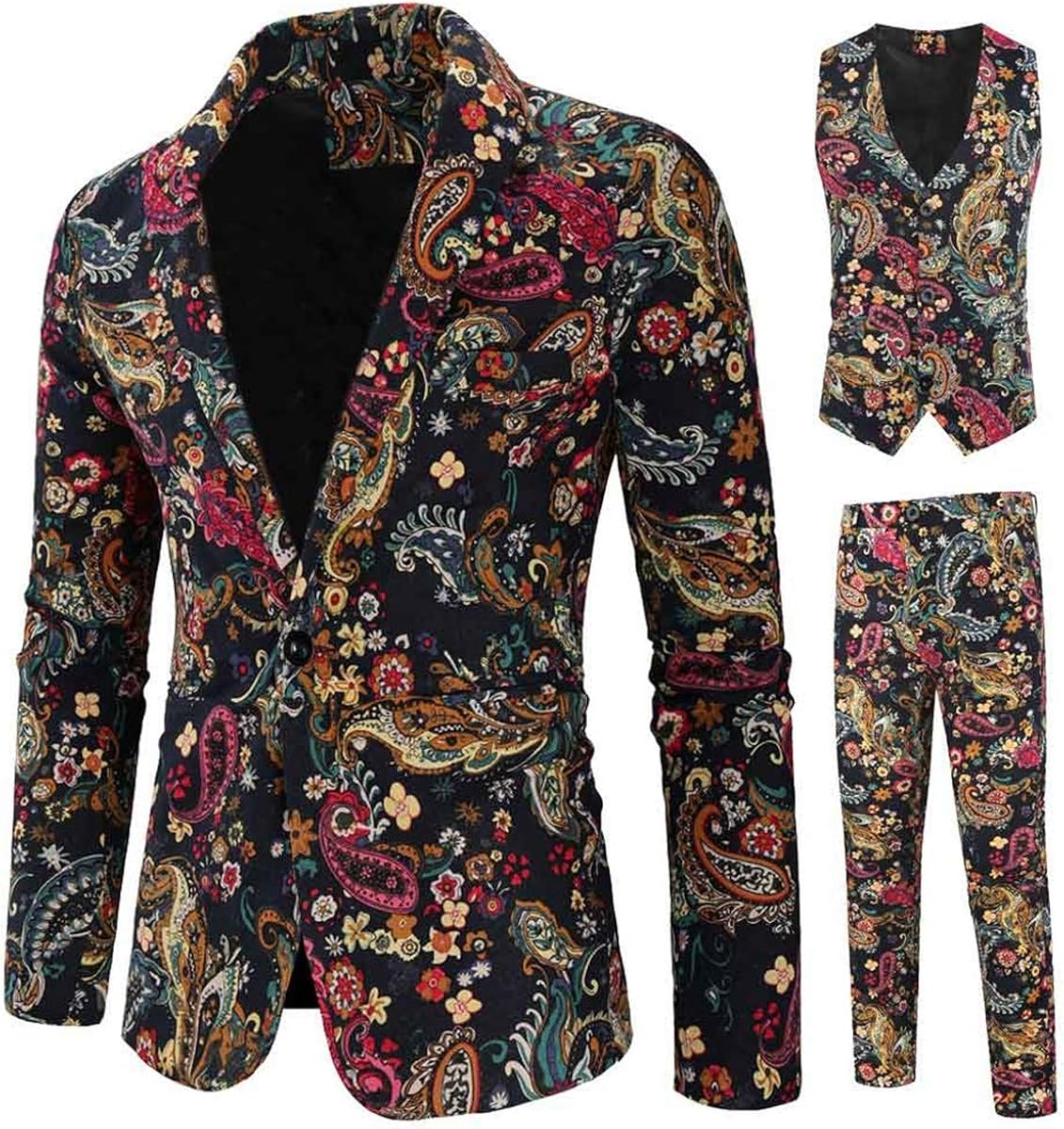 Cloudstyle Mens Paisley Suits 3 Piece Print Party Suit Set Slim Fit Tux