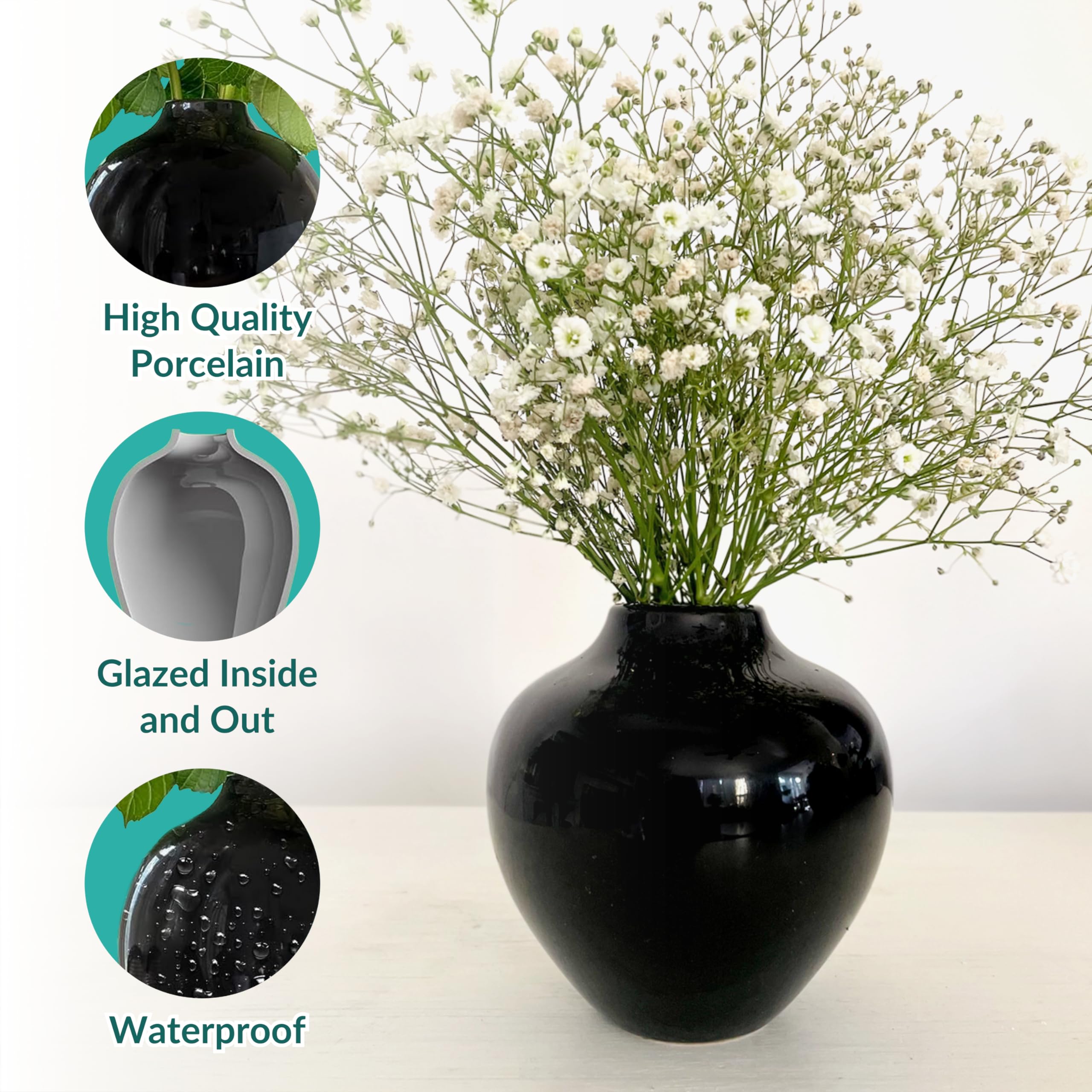 Willowy 5 Inch Small Black Porcelain Vase With Glossy Finish - Black ...