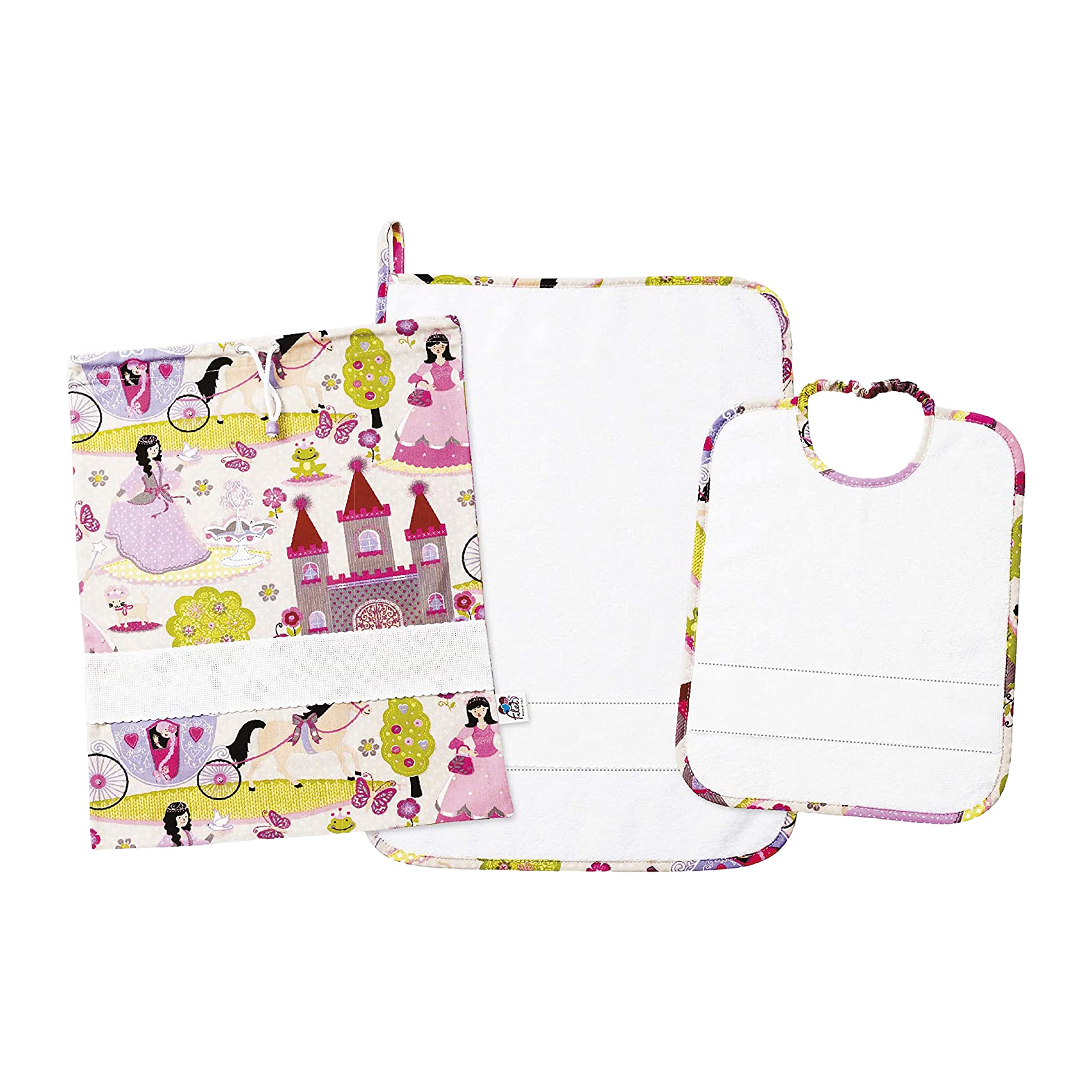 FILET - Three-Piece Nursery Set with Aida Canvas to Embroider, Consisting of a Bag, Towel and Bib in White Terry Cloth, 100% Cotton, Made in Italy, Princesses Pattern, Pink Background