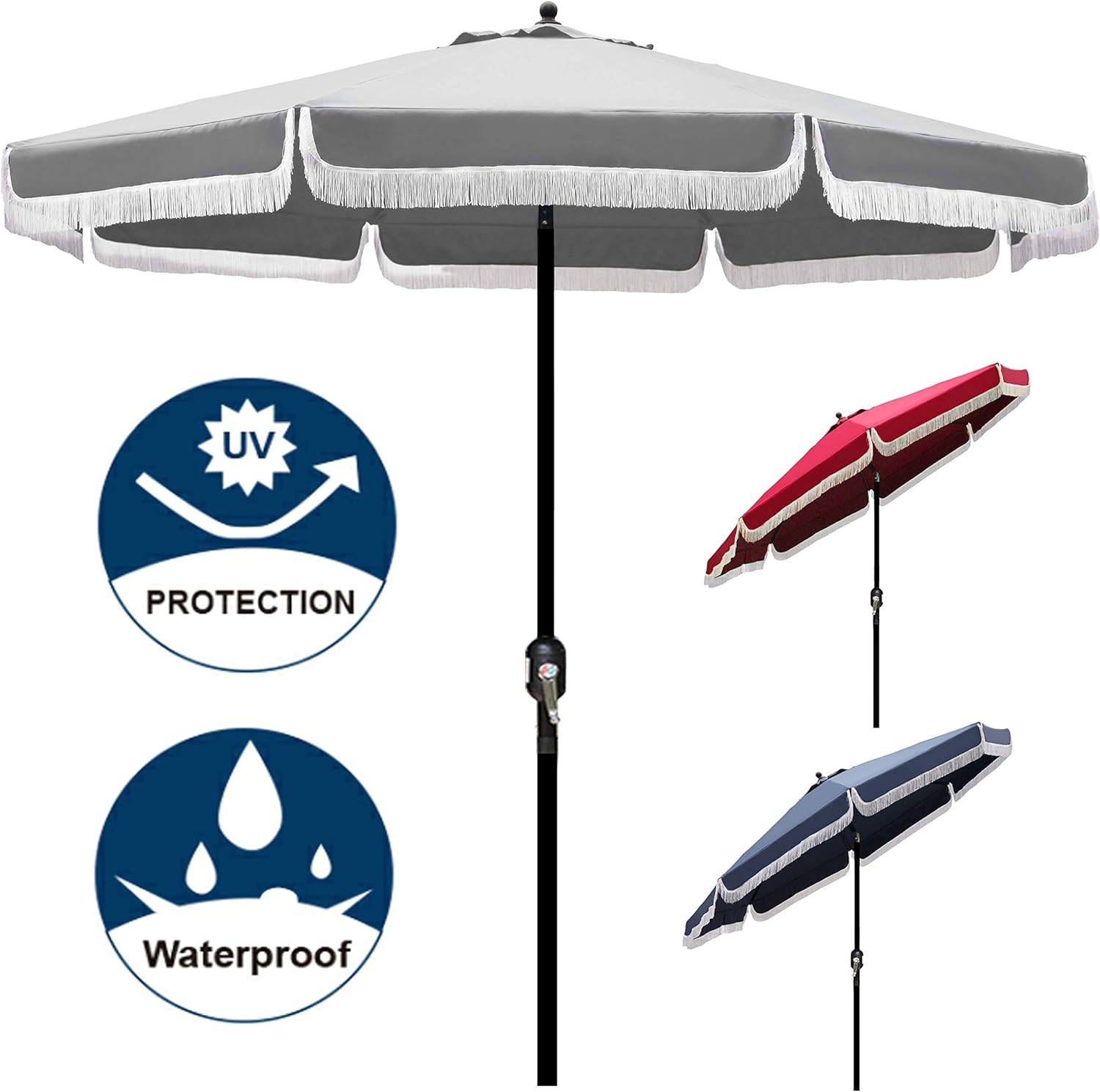 Aluminum Manual Push Button Tilt And Crank Garden Parasol Blissun 9 Outdoor Patio Umbrella With Fringe Grey Umbrellas Patio Lawn Garden