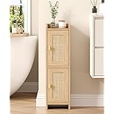 Akxomel Rattan Small Bathroom Cabinet with 2 Doors, 7.9''D x 7.9''W Narrow Toilet Paper Storage Cabinet, Bathroom Organizer for Small Spaces, Wooden Slim Corner Unit with Adjustable Shelf, Natural Oak