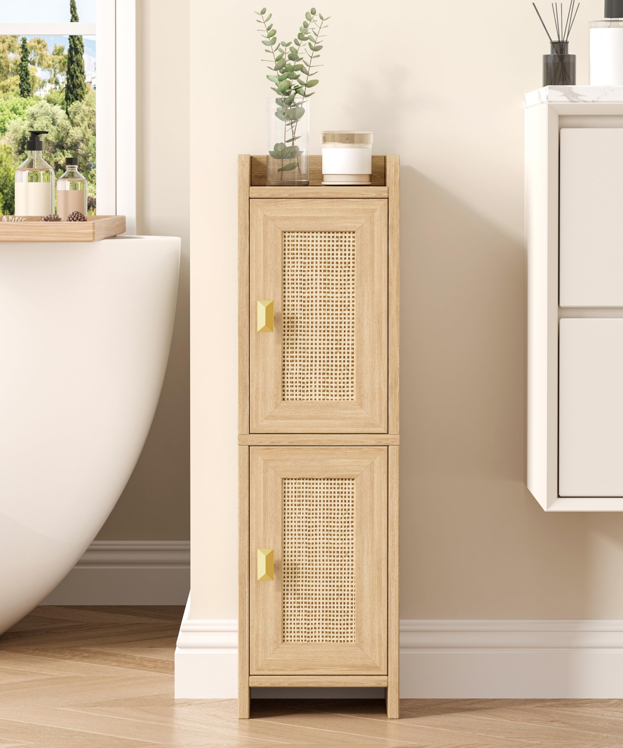Photo 1 of Akxomel Rattan Small Bathroom Cabinet with 2 Doors, 7.9''D x 7.9''W Narrow Toilet Paper Storage Cabinet, Bathroom Organizer for Small Spaces, Wooden Slim Corner Unit with Adjustable Shelf, Natural Oak