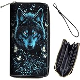 Bxgolkgd Womens Wallet, RFID Blocking Leather Wallet,Large Capacity Wallet Credit Card Holder PU Leather Ladies Clutch with Zipper Coin Pocket - Wolf with Butterfly Design