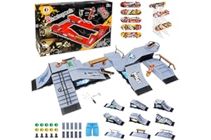 KETIEE Ultimate Finger Skateboard Ramps, 9 in 1 Fingerboard Skatepark Deck Kit with 9 Ramps 5 Skateboards Mini Shorts & Acrylic Holder Extra Huge Half Pipe Finger Training Props for Kids New Year Gift