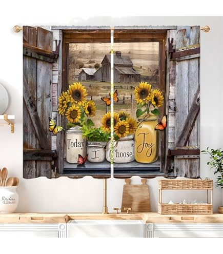 Farmhouse Sunflower Kitchen Curtains Set Of 2 - Teal Wooden Flower Rustic Short Window Curtains 27.5x39 Inches - View #8