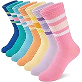 Comfoex Girls Crew Socks Kids Athletic Calf Socks 7 Pairs Soft Cotton & Casual Stripe for Children 8-10 10-12 Years Old