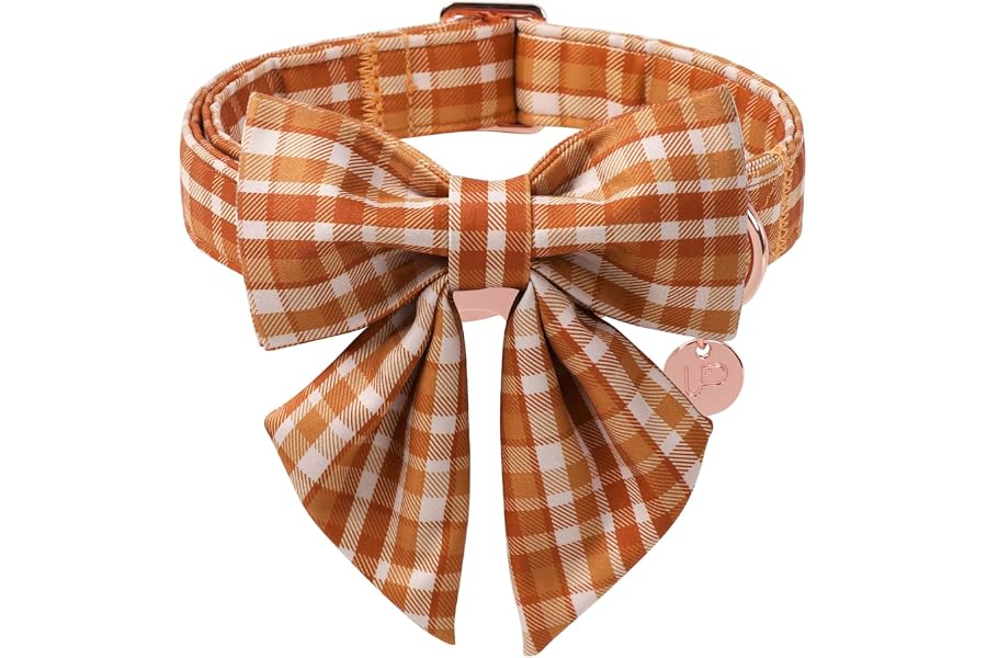 UP URARA PUP Fall Plaid Dog Collar and Bow Tie Set – Brown Orange Checkered Adjustable Collar with Maple Leaf Charm for Small Medium Large Dogs, Soft Cotton Puppy Collar with Quick Release Buckle