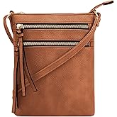 DELUXITY | Crossbody Purse Bag | Functional Multi Pocket Double Zipper Purse | Adjustable Strap | Medium Size Purse |Cognac