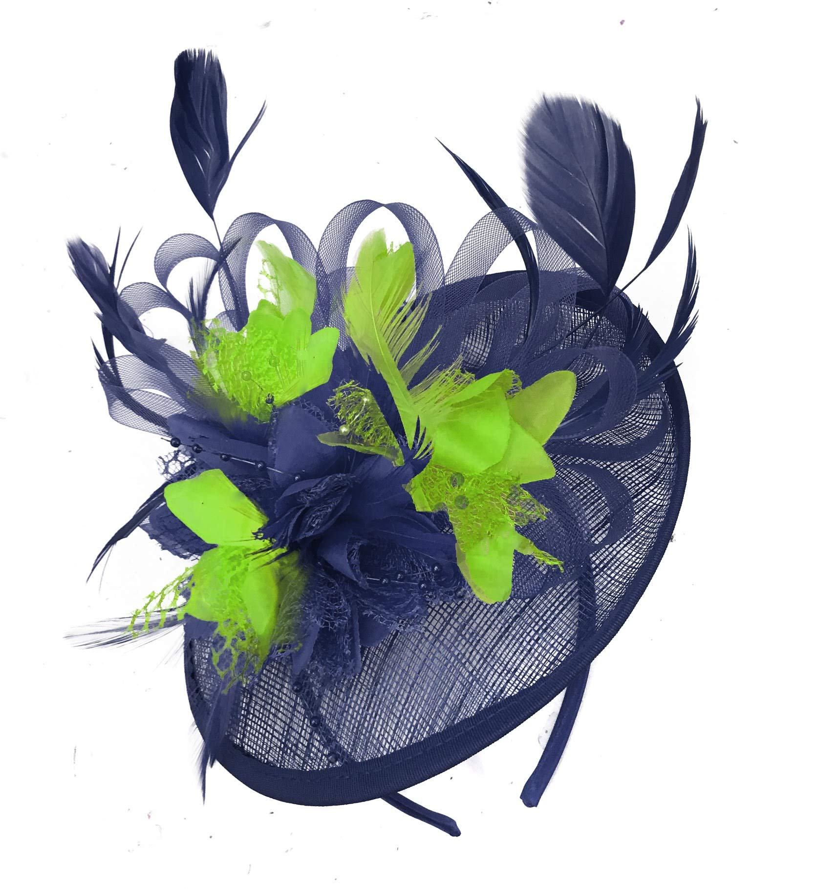 Caprilite Navy Blue and Lime Apple Green Sinamay Disc Saucer Fascinator Hat for Women Weddings Headband
