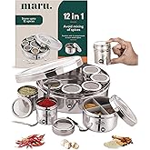 MARU 12 IN 1 Stainless Steel Indian Masala Box with See Through Lids, Elegant Spice box, Masala Dabba with 9 Spice Containers & 4 spoons for Kitchen Rack Organizer, Spice Storage Container for Kitchen