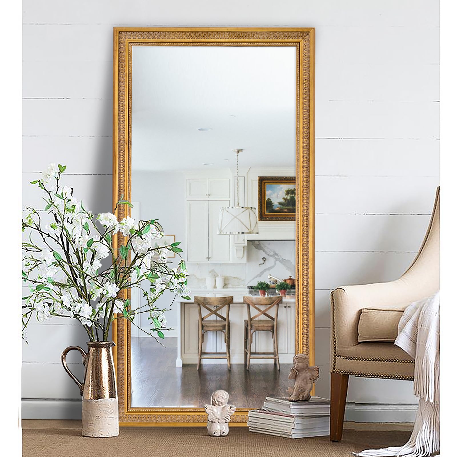 Photo 1 of Chende Large Wall Mirror 60''x30'', Antique Gold Mirrors for Wall Decor Dining Room, Elegant Decorative for Living Room, Entryway, Firepalce, Bathroom