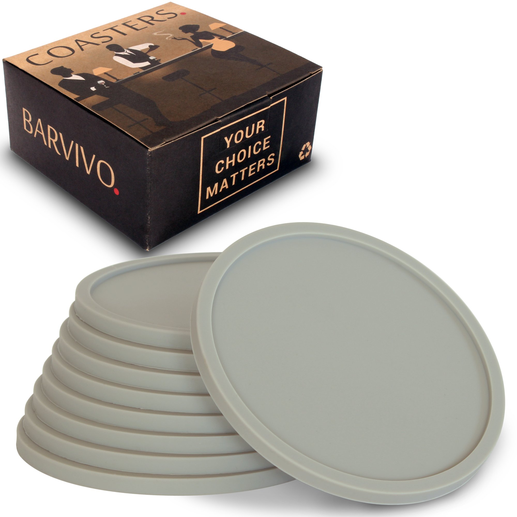 BARVIVO Drink Coasters Set of 8 - Tabletop Protection For Any Table Type, Wood, Granite, Glass, Soapstone, Marble, Stone Tables - Perfect Grey Soft Coaster Fits Any Size of Drinking Glasses.