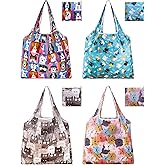 GAUENEEN 4 Pcs Reusable Grocery Bags, Foldable Shopping Bags Heavy Duty, Large Nano Bag Cute Tote Bag for Daily Shopping, Waterproof and Machine Washable (Animals)