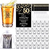 FillTouch 50 Sets Birthday Party Favors for Guests Bulk, 1.4 oz Cheers to 40/45/50/55/60/65 Years Plastic Personalized Glasses Cups with Thank You Cards Gift Bag for Birthday Wedding (Black 50 Years)