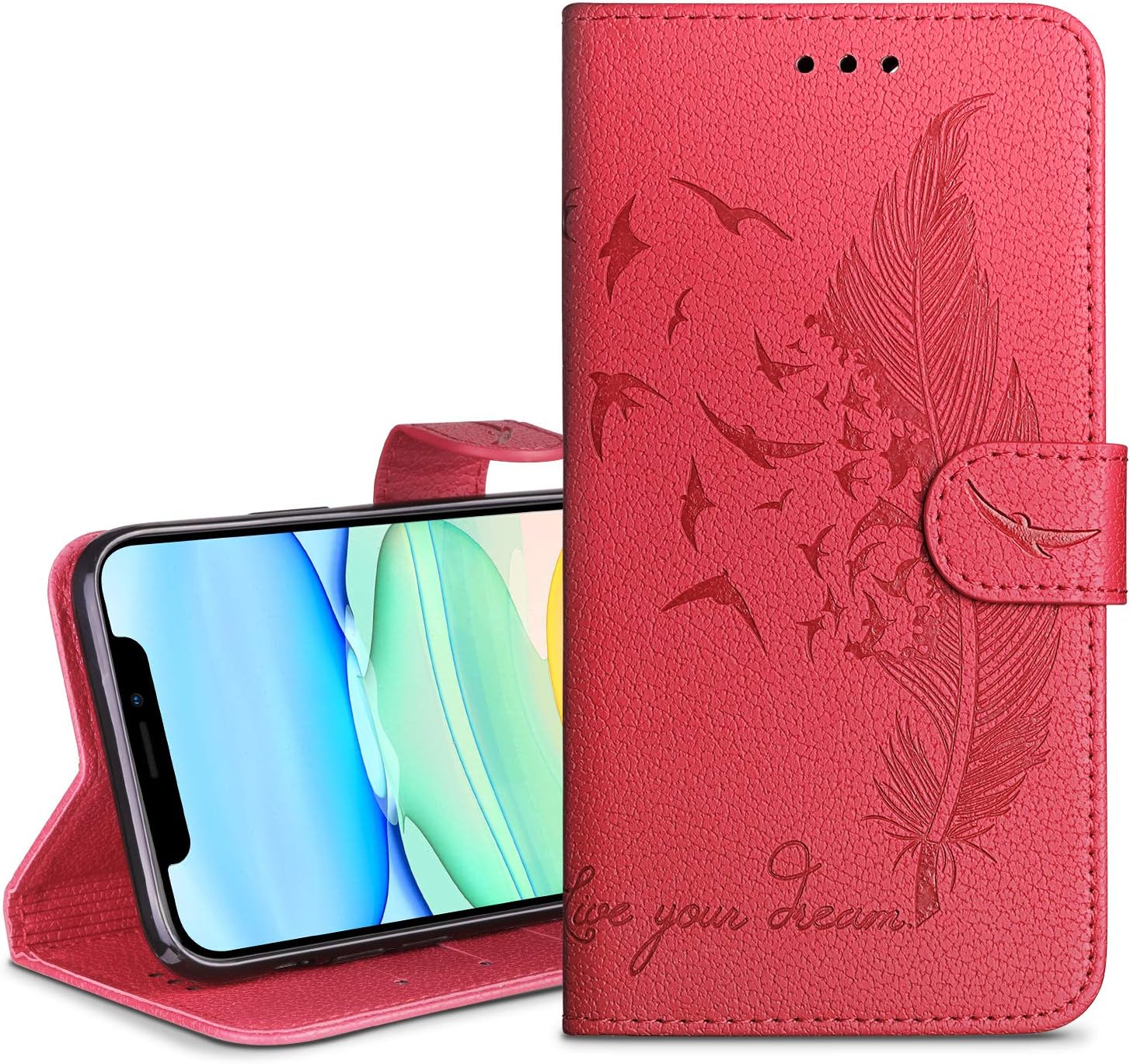 HianDier Wallet Case for iPhone 11 Card Holder Case with Kickstand Flip Cover Embossed Feather Dual Layer Protective Soft PU Leather Cover Case for 2019 Release iPhone 11 iPhone XI, Red