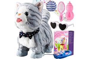 MARSJOY Gray Walking Cat Toy for Girls Kittens Interactive Talking Cat Meows Singing Dancing Mimicking Kitty Toys Set for Baby with Leash Plush Electronic Robot Kitties for Kids Toddlers